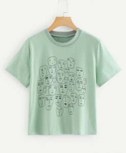 Sleeve Green Cartoon Portrait Print Tee KH01