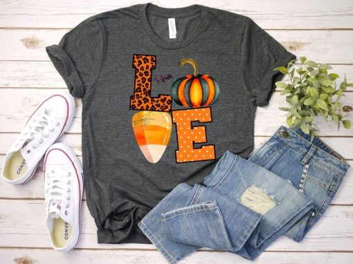 Fall Love Shirt Candy Corn Pumpkins Leopard T-Shirt AL28AG2