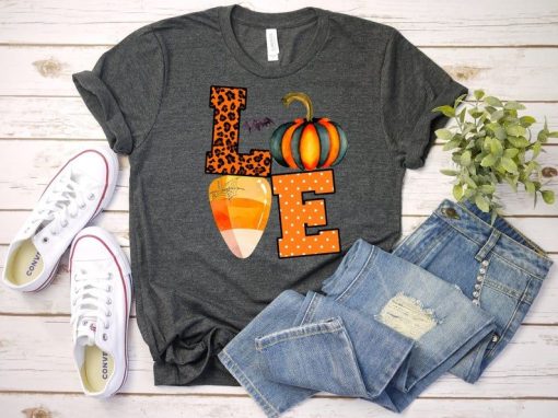 Fall Love Shirt Candy Corn Pumpkins Leopard T-Shirt AL