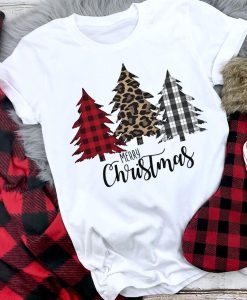 Merry Christmas Plaid Leopard Printed Tree T-Shirt AL